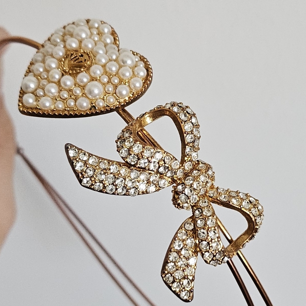 Jesus Diamante Gyaru Gold Heart And Bow Pearl And Rhinestone Headband Set - Picture 9 of 10